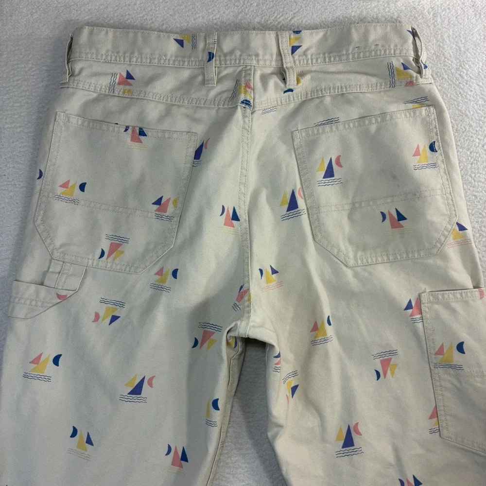 Wallace Barnes Carpenter Pants Men 33x32 Beige Sailboat AOP Double Knee J Crew - Picture 3 of 9